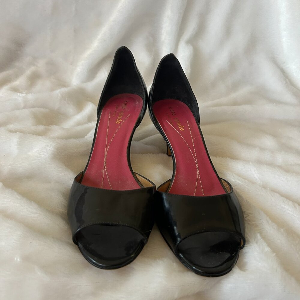 Kate Spade Black Patent Leather Heels Womens 6 Open Toe VTG Made in Italy - Picture 2 of 9